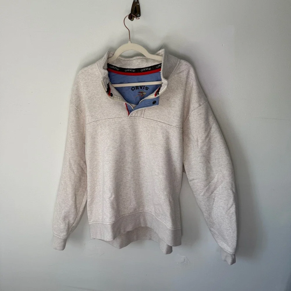 Orvis Mens Quarter Zip Sweatshirt Oatmeal Heather‎ Fly Fishing Logo 2XL
